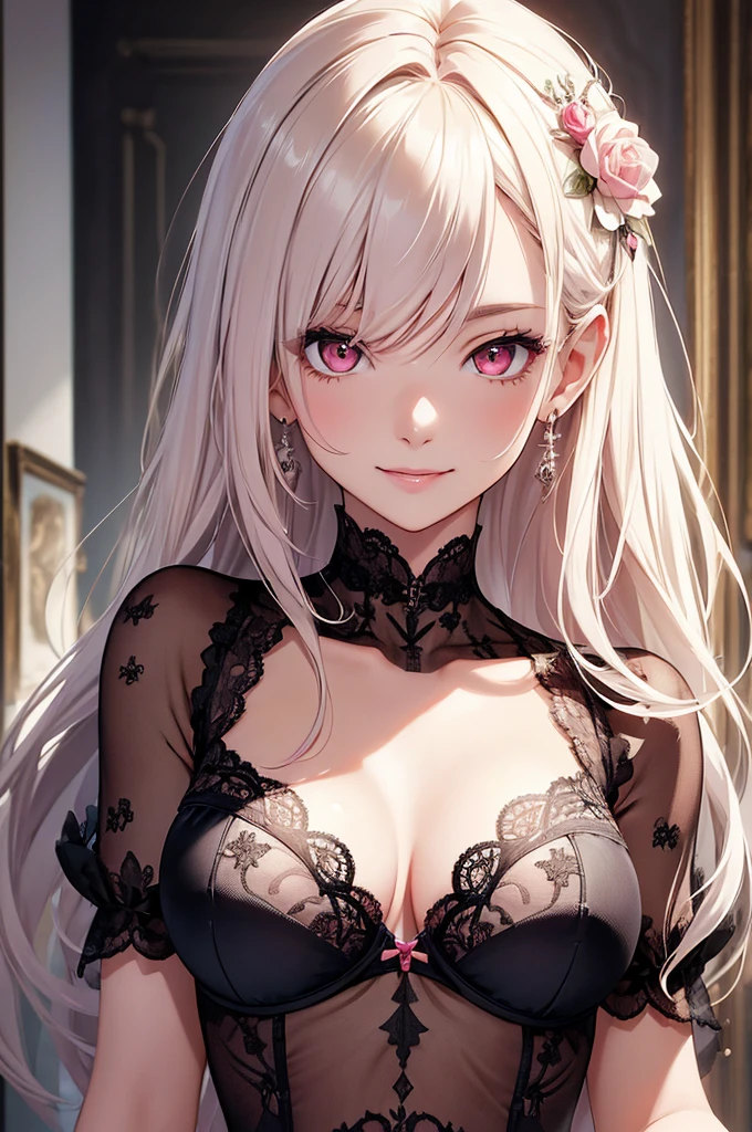 (最high quality, High resolution, masterpiece:1.2), Realistic, Lace T-back Bra, Detailed Female Portrait, Beautiful and slim legs, length, Flowing white hair, bright pink eyes, masterpiece smile, high quality, office,