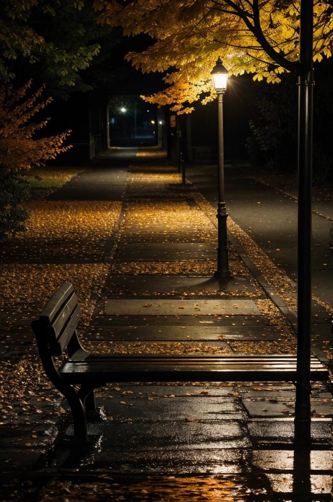 Create a black and white vintage macro photograph, shot from a top looking down at a side angle, featuring a lone vacant and rustic bench with 2 to 3 fall colored leaves on it, on the side of the curve of a small country park walking path with reflective puddles of water after the rain. A lone tall streetlamp beside the bench glows orange, casting a hue on the bench, chiaroscuro lighting, shot at night, highly detailed, masterpiece, artistic, melancholy, professional, bokeh