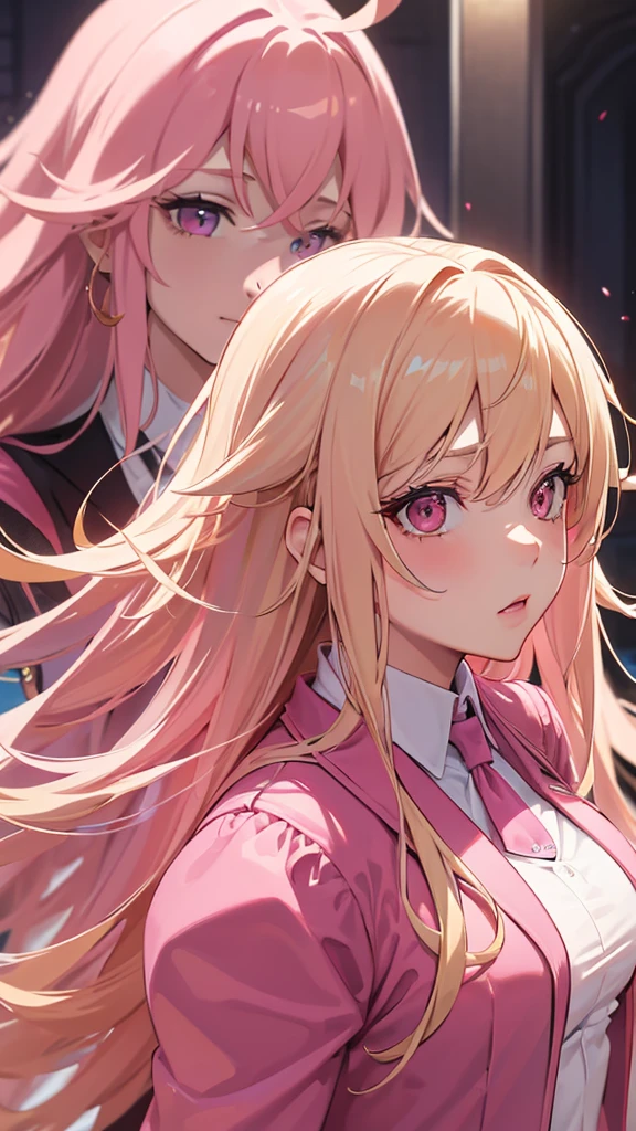 (((Adult woman))), pink eyes, (long blonde hair), pink suit