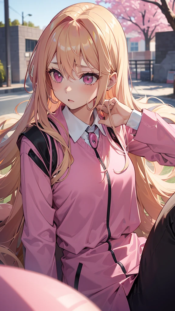 (((Adult woman))), pink eyes, (long blonde hair), pink suit