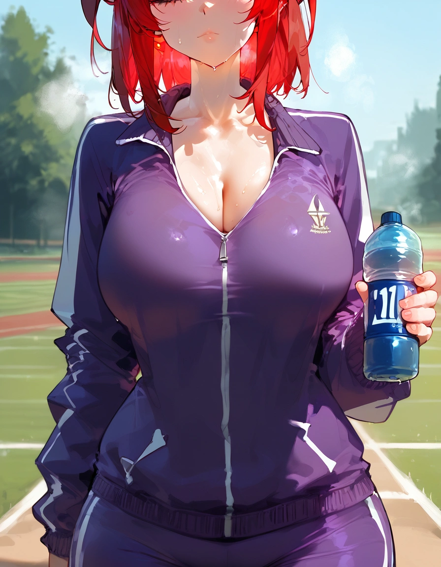 score_9, score_8_up, score_7_up, score_6_up,floox style,surtr, arknights, red hair,big breasts,,collarbone, jacket,purple jacket, purple track suit, sportswear, standing, steam, steaming body, sweat,, track jacket, track pants, track suit, outdoors, pours water on face, water bottle, solo
