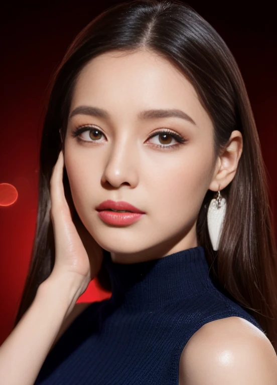 (female, 22 years old), (Huge tits:1.3), rose garden、many red roses on the background、 ((Shaking hands with viewers)), (masterpiece: 1.3), (highest resolution: 1.4), (Ultra HD: 1.2), Cinematic lighting, Ultra HD, (Detailed eyes and skin), (Detailed facial features), nffsw, 8k resolution, perfect style, Beautiful face、Highly detailed facial and skin textures、Detailed eyes、Double eyelids、(Dark eyeshadow and eyeliner:1.2)、Thin cheeks、(White and bright skin:1.5)、shiny earrings,Red Rouge:1.2、glossy lips:1.2、((Full body shot:1.2))、((From a distance, very close:1.2))、((Navy high neck knit dress))、high-heels、(layered hairstyle、brown hair)、medium length hair、(Ask for a kiss.:1.2) (random background,In casinos,VIP casino room, Modern Casino Console, Modern Slot Machines )