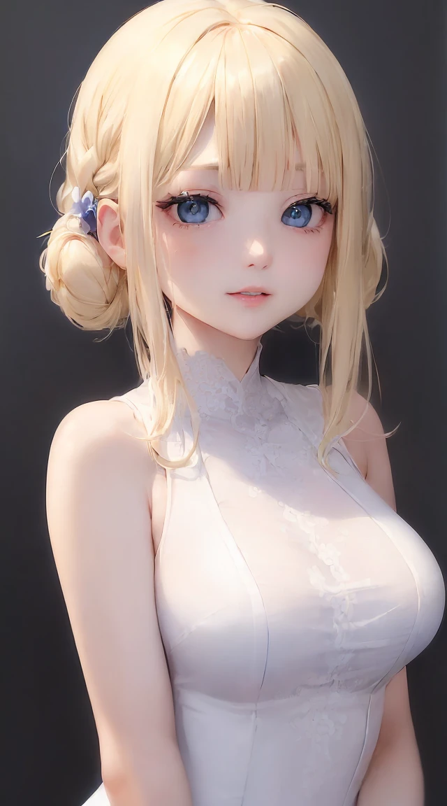 (((Blonde、Cowboy Shot、Upper Body、 Upper Bodyのクローズアップ、Portraiture、looking at the camera)))、[Monochrome:Calm colors:2.6] theme, (Tabletop), (Highest quality), , Light Layer, Shiny skin, (Intricate details , Tight clothes, ),  Kim Hare, Hime cut, Blunt bangs、blue eyes、 30歳woman)、((White Dress、Beautiful breasts))、Symmetric、Thick lips、Glossy Lips、背の高いwoman、Standing pose、White background、Simple Background、Solid color background、woman１people、