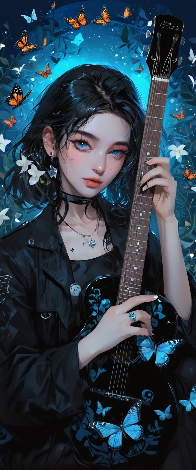 a woman with a guitar in her hand and a background of flowers and butterflies and stars is depicted in this artistic illustration of a woman with a guitar in her hand and a black background of a blue and a blue background,with a,and a,Alice Prin,dark background,cyberpunk art,synchromism,