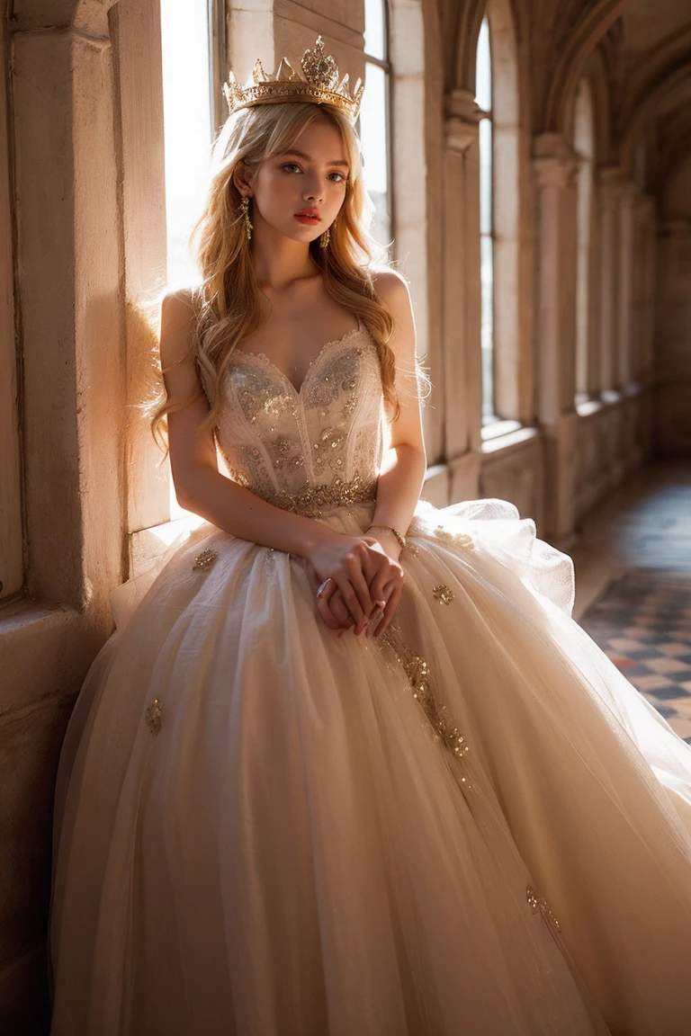 21yo girl, Blonde hair, Wear a beautiful crown, Beautiful gown, in a kingdom