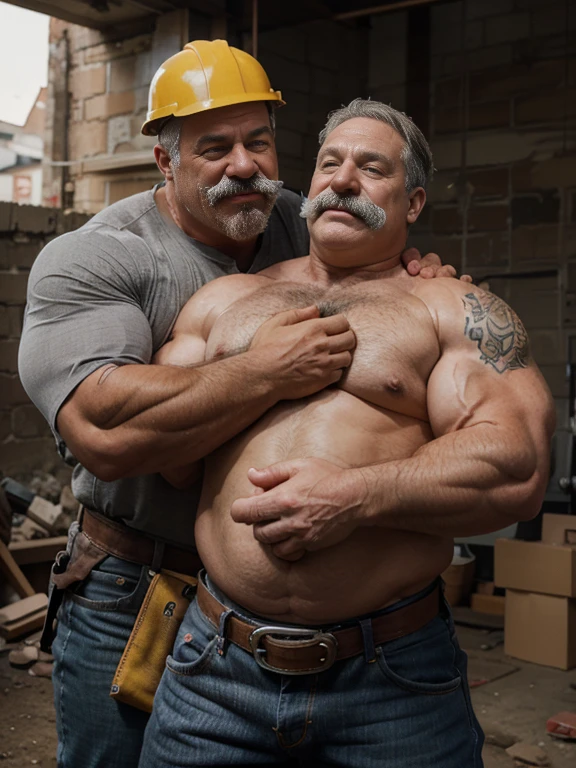 Hyperrealistic image of a bricklayer superhero hugging a gray-haired bodybuilder friend, very old and very sweaty, over 80 years old, very muscular and fat, more than 200 kilos with a naked torso, large and flaccid pectorals, brown nipples and big gray mustaches with huge tattooed arms on a construction site dressed in a pair of jeans with a tool belt and a yellow helmet on his head
