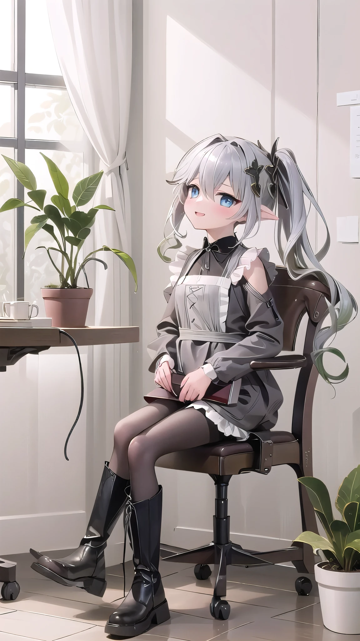 (best quality),(masterpiece),Dynamic Angle,(Extremely detailed illustrations),(Extremely detailed CG unity 8k wallpaper),Astonishing,Depth of Field,(Very detailed),((Extremely delicate and beautiful)),((1 Girl)),((Extremely detailed eyes and face)),Nahidadev,Bangs, Black Legwear, blue eyes, blush, Book, Book stack, Bookshelf, cactus, Chair, Shut up, Cross your legs, cup, curtain, table, Eyebrows visible through hair, foot, flower, flower pot, Hair between the eyes, indoors, Long hair, Long sleeve, Looking at the audience, , on Chair, Pantyhose, picture \(Purpose\), picture frame, plant, potted plant, shirt, sit, skirt, Smile, Solitary, table, thighband Pantyhose, flower瓶, white shirt, window, wooden tablebest quality,(Kawaii:1.1),(charming),(high resolution:1.2),Incredibly ridiculous resources:1.3,Incredibly beautiful illustrations,Charming woman ,Maid costume,boots