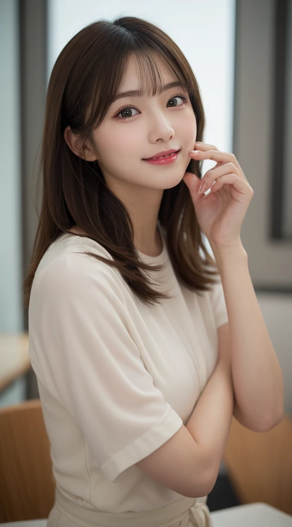 Tabletop, Highest quality, shape, Very detailed, finely, High resolution, 8k wallpaper, 完璧なダイナミックな構shape, Beautiful and exquisite,ランダムなcute髪,,Natural color lip, 20-year-old girl、cute、Looking into the camera,Always blur the background,Perfect and beautiful face,Slim face and figure,Big eyes、Putting on gal makeup,Small face,smile,Blurred Background,Elegant feminine face、Change pose randomly、Randomly change the shooting angle and position、smile、Top to bottom々Shoot from the right angle and direction、Real Photo、Raw photo、Real human skin,finely描かれた肌:1,4、Normal anatomy
