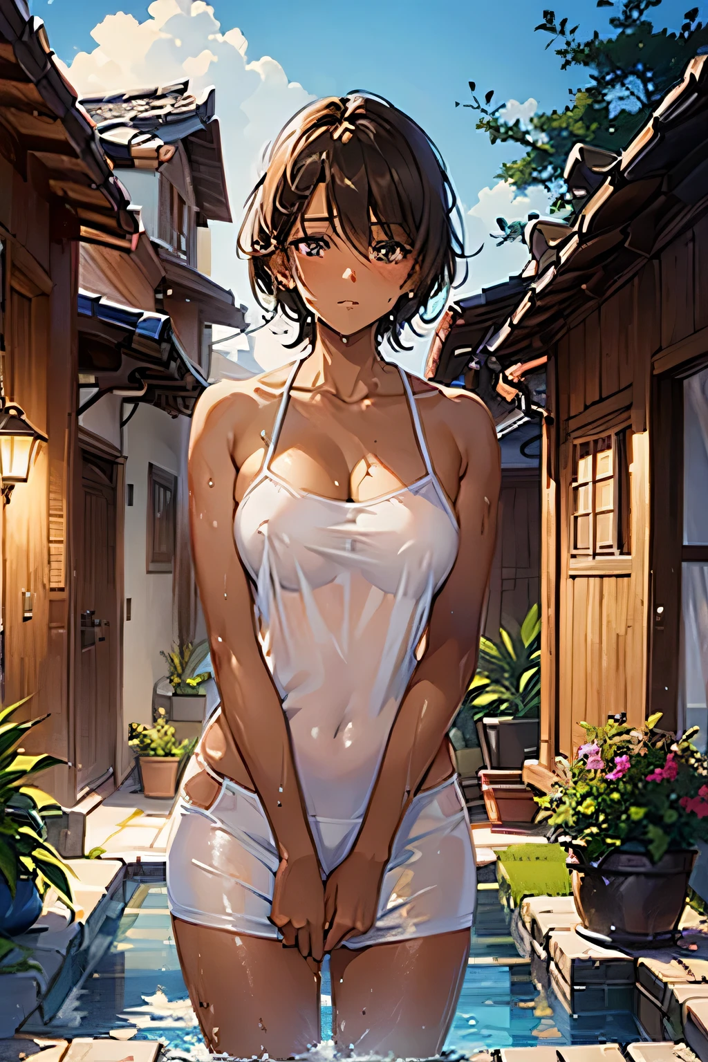 Highest quality,20-year-old,Cowboy Shot,Are standing,short hair,((Soaking wet:1.4)),(Black Hair),((Puzzled:1.5)),((Embarrassing:1.1)),((Blush 1.5)),(Soaking wetの白いフリル付きブラウス),Anatomically correct hands,(No bra),((Brown Skin:1.5)). The background is the entrance to the house.,night,Moonlight.