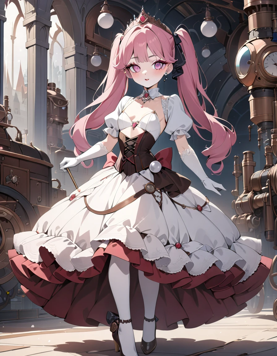 (best quality,4k,8k,highres,masterpiece:1.2),ultra-detailed, Pretty 15 years old princess, drawn in anime style, is cute and joyful, long red pigtails hair, pink eyes, small breast, lipstick, makeup, pink eyeshadow, steampunk, red and white ball gown with puffy sleeves, physically-based rendering,gorgeous dress design,flowing gown,elaborate lace details,rich textures,contrast stitching,delicate ribbon bows,floral accents,long maxi skirt,short sleeves,fitted waistline,lace-up back,luxurious fabrics,flawless silhouette, petticoat, bustle, corset, hair ribbons, white elbow gloves, ruby earrings and necklace, gold tiara, high heels, holding a fire magic wand, standing in castle bedroom,