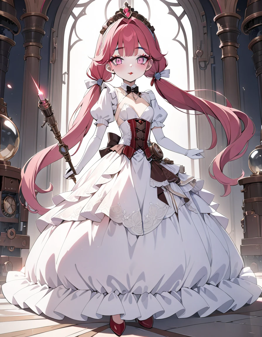 (best quality,4k,8k,highres,masterpiece:1.2),ultra-detailed, Pretty 15 years old princess, drawn in anime style, is cute and joyful, long red pigtails hair, pink eyes, small breast, lipstick, makeup, pink eyeshadow, steampunk, red and white ball gown with puffy sleeves, physically-based rendering,gorgeous dress design,flowing gown,elaborate lace details,rich textures,contrast stitching,delicate ribbon bows,floral accents,long maxi skirt,short sleeves,fitted waistline,lace-up back,luxurious fabrics,flawless silhouette, petticoat, bustle, corset, hair ribbons, white elbow gloves, ruby earrings and necklace, gold tiara, high heels, holding a fire magic wand, standing in castle bedroom,