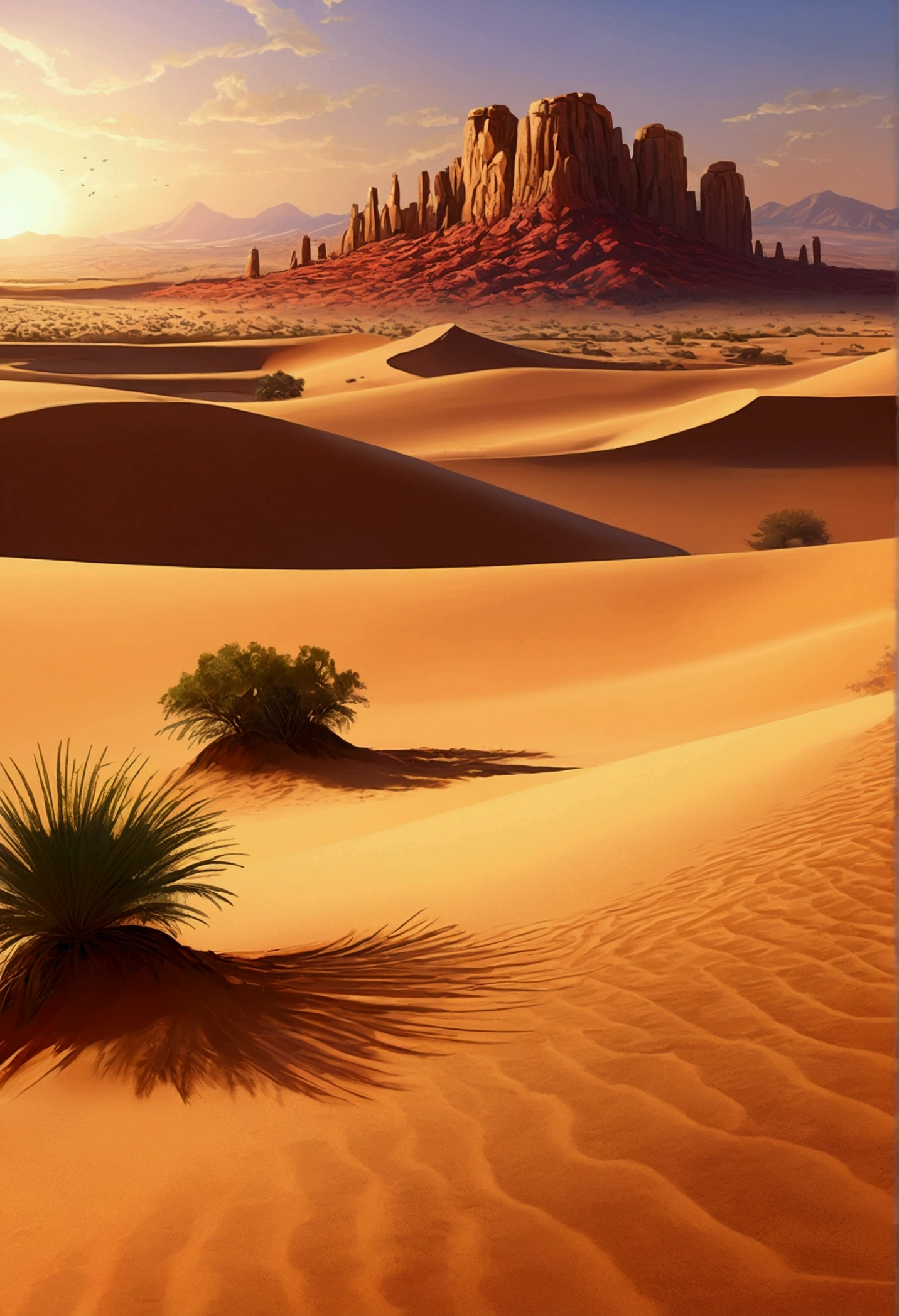 Depth of field at a distance, Evening Light, sunset, desert, Mexico, US West, Yellow sand in the sky,背景は広大なdesert,Game Scene, Landscape painting, Environmental design illustration, Landscape painting 詳細, desert oasis landscape, Concept Art, Highly detailed digital art in 4K, 4K Digital Painting, 4K Digital Painting, Amazing digital illustrations, desert background, デジタルペインティングConcept Art, Detailed digital painting