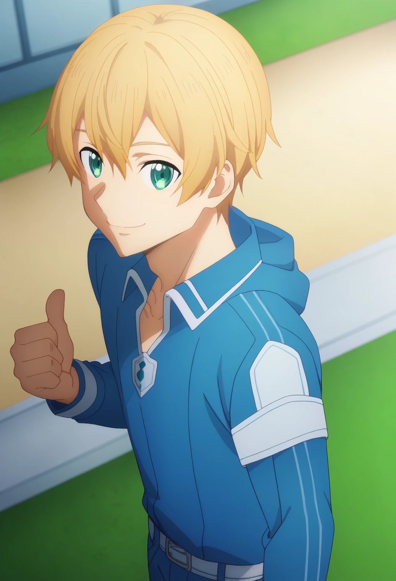 score_9,  eugeo, 1boy, bangs, deepblue hoodie, blue overcoat, blonde hair, blue eyes, smile, eugeo, green eyes, long sleeves, looking at viewer, male focus, blue pants, solo