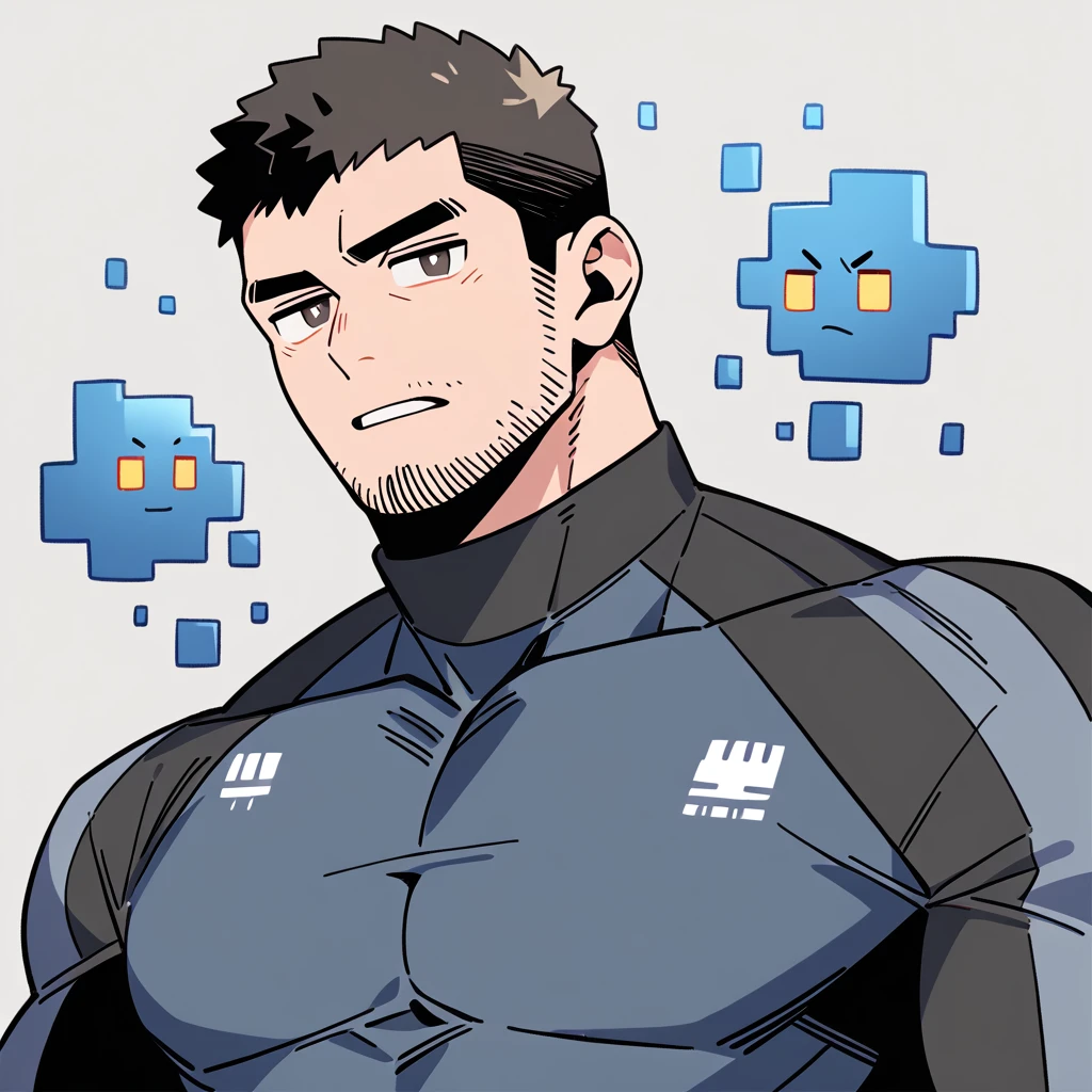 anime characters：Chris Redfield, Muscle Sports Student, Buzz Cut, Manliness, male focus, Dark black high collar long sleeve tight T-shirt, Slightly transparent material, Very tight, Round, full and perky chest muscles, muscular male, muscular, only, Upper body, alone, Black short hair, Thick eyebrows, stubble, Brown-red pupils, Grey background, simple background, amazing quality, best aesthetics, Ridiculous, crew cut, parted lips, v-shaped eyebrows, jitome, best quality