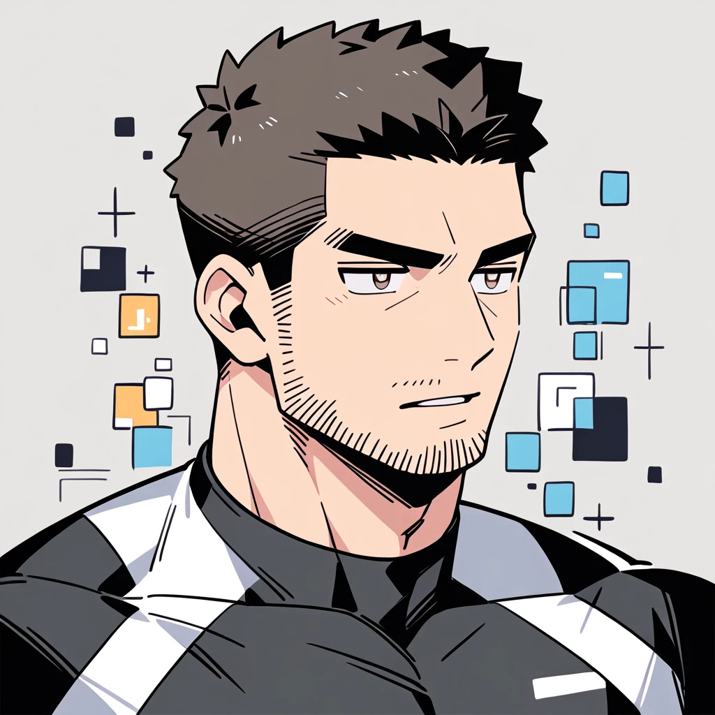 anime characters:Chris Redfield, Muscle Sports Student, Buzz Cut, Manliness, male focus, Dark black high collar long sleeve tight T-shirt, Slightly transparent material, Very tight, Round, full and perky chest muscles, muscular male, muscular, only, Upper body, alone, Black short hair, Thick eyebrows, stubble, Brown-red pupils, Grey background, simple background, amazing quality, best aesthetics, Ridiculous, crew cut, parted lips, v-shaped eyebrows, jitome, best quality