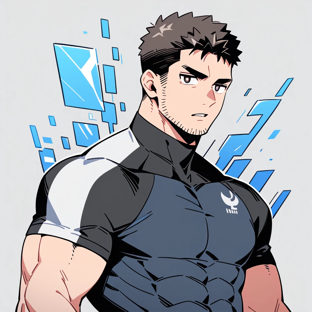 anime characters：Chris Redfield, Muscle Sports Student, Buzz Cut, Manliness, male focus, Dark black high collar long sleeve tight T-shirt, Slightly transparent material, Very tight, Round, full and perky chest muscles, muscular male, muscular, only, Upper body, alone, Black short hair, Thick eyebrows, stubble, Brown-red pupils, Grey background, simple background, amazing quality, best aesthetics, Ridiculous, crew cut, parted lips, v-shaped eyebrows, jitome, best quality