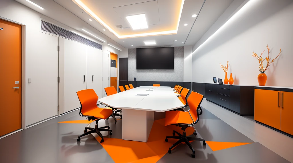 According to customer request, Below are some office design ideas with meeting rooms., A big table and (Origami idea of continuously repeating origami blocks) use orange color, Blue and white. The table is、They can be made from wood or other materials that are luxurious and high quality.。. White countertops give a clean look, bright, Modern look. The white contrasts beautifully with the orange and blue.. The conference table design features soft curves and rounded edges., Soft, Comfortable space.