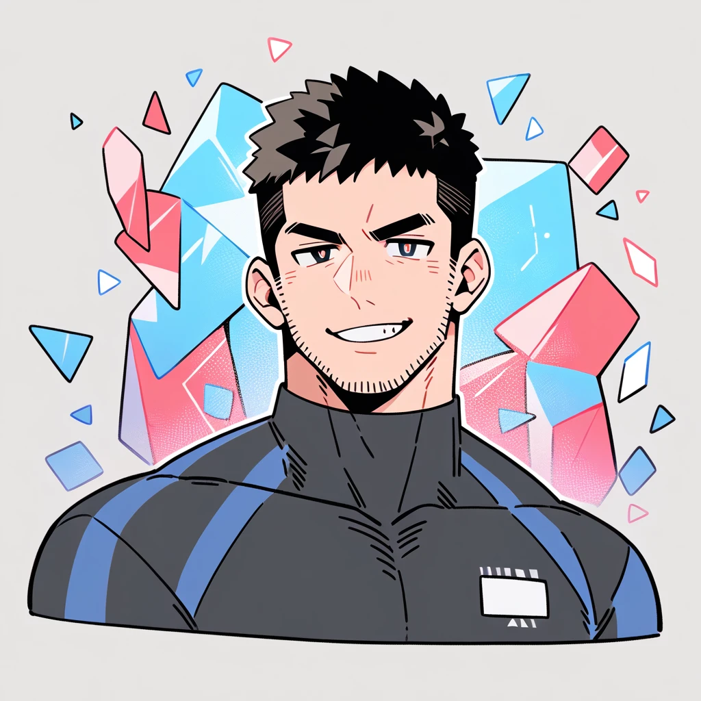 anime characters:Chris Redfield, Muscle Sports Student, Buzz Cut, Manliness, male focus, Dark black high collar long sleeve tight T-shirt, Slightly transparent material, Very tight, Round, full and perky chest muscles, muscular male, muscular, only, Upper body, alone, Black short hair, Thick eyebrows, stubble, Brown-red pupils, Grey background, simple background, amazing quality, best aesthetics, Ridiculous, crew cut, parted lips, raised eyebrow, seductive smile, naughty face, best quality