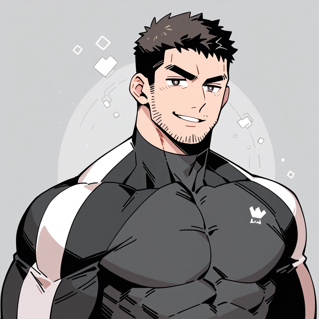 anime characters:Chris Redfield, Muscle Sports Student, Buzz Cut, Manliness, male focus, Dark black high collar long sleeve tight T-shirt, Slightly transparent material, Very tight, Round, full and perky chest muscles, muscular male, muscular, only, Upper body, alone, Black short hair, Thick eyebrows, stubble, Brown-red pupils, Grey background, simple background, amazing quality, best aesthetics, Ridiculous, crew cut, parted lips, raised eyebrow, seductive smile, naughty face, best quality