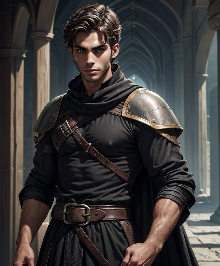 (((Single character image.))) (((1boy))) (((Dressed in medieval fantasy attire.))) (((Generate a darkly handsome male character for a fantasy setting.))) (((Appears to be 20 years old with youthful looks.))) (((Looks like the ideal vision of a sexy, handsome rugged male.))) Design a handsome, attractive male adventurer for a fantasy setting. He has strong features and shoulder length blond hair. (((The background to the image is dark and eerie..))) (((Looks like Jon Kortajarena.))) best quality:1.0,hyperealistic:1.0,photorealistic:1.0,madly detailed CG unity 8k wallpaper:1.0,masterpiece:1.3,madly detailed photo:1.2, hyper-realistic lifelike texture:1.4, picture-perfect:1.0,8k, HQ,best quality:1.0,