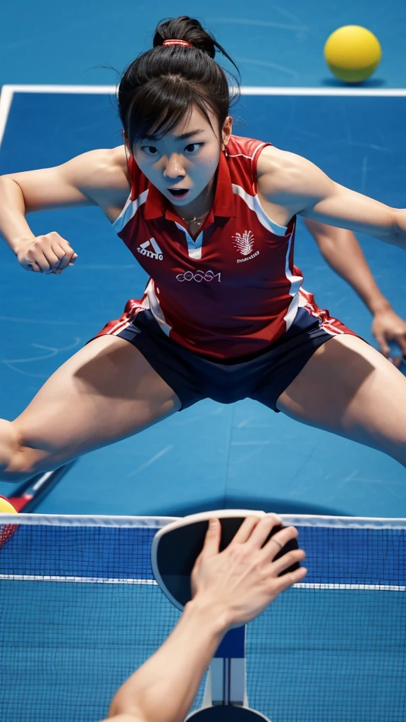 Two table tennis players are engaged in a fierce battle on the Olympic stage.。