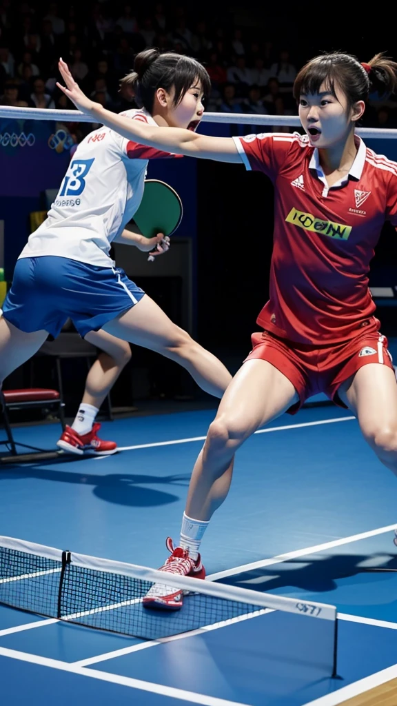 Table tennis players are battling it out on the Olympic stage。
