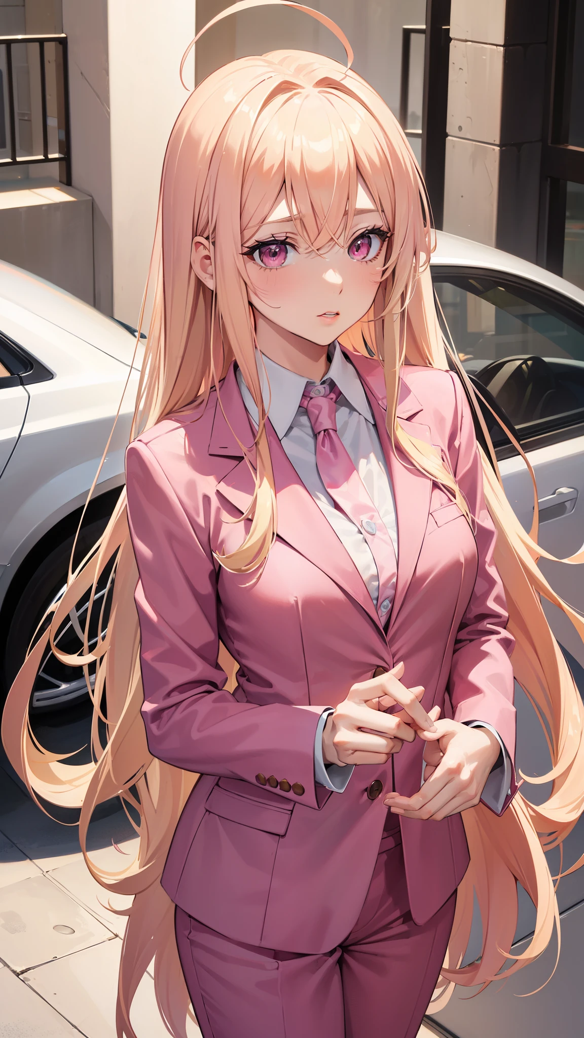 (((Adult woman))), pink eyes, (long blonde hair), pink suit