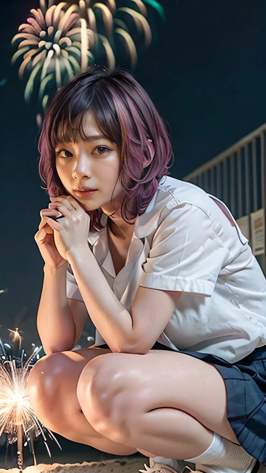(A high school girl squatting and setting off fireworks:1.2、Sparkler、Japanese sparklers、Summer in Japan、night:1.4)、((school uniform、Yshirt、Pleated skirt、Navy blue socks、loafers)、the wind is strong、(Realistic、Like a photograph、Live Action、8K, Realistic, RAW Photos, Best image quality: 1.4), Single-lens reflex camera、RAW Photos, Highest quality, Realistic, Highly detailed CG Unity 8K wallpaper, Written boundary depth, Cinematic Light, Lens flare, Ray Tracing, Realistic background、((ultra high density skin))、 Teenage Girl,Cute Japanese、(Hand-held fireworks、Big Breasts)、(whole body:1.5)、Super detailed face,avert your eyes:1.1、(Pink inner color hair、short hair:1.2、My hair flutters in the wind:1.4)、I like that style、stylish、Very detailed、Pay attention to the details、Perfect outfit、(Sunburned skin)、View from the front、Accurate hands、Accurate legs、Detailed hands and fingers、Anatomically correct body、Thin legs、Thin thighs