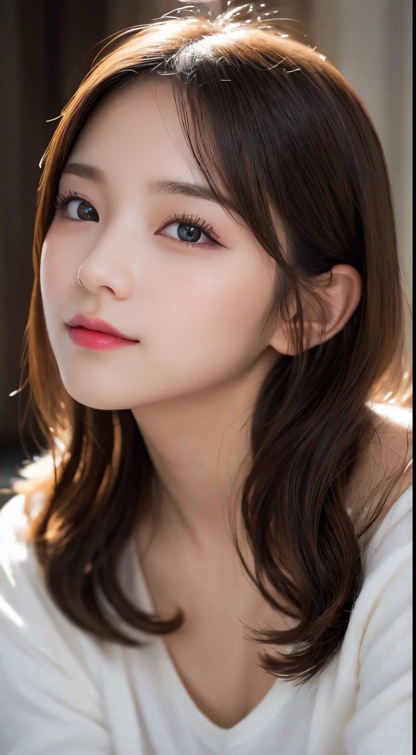 Highest quality, figure, Super detailed, In detail, High resolution, 8k wallpaper, Perfect dynamic composition, Beautiful attention to detail, ランダムなcute髪,,Natural color lip,smile、20-year-old girl、cute、常にBlur the background,Perfect and beautiful face,Take a picture of only the face,Beautiful and elaborate face、Slim face and figure,Big eyes、Putting on gal makeup,Blur the background,Blur the background,Face close-up、Real human skin,Detailed skin:1,4、Raw photo、Real Photo、Bedroom、Twilight room