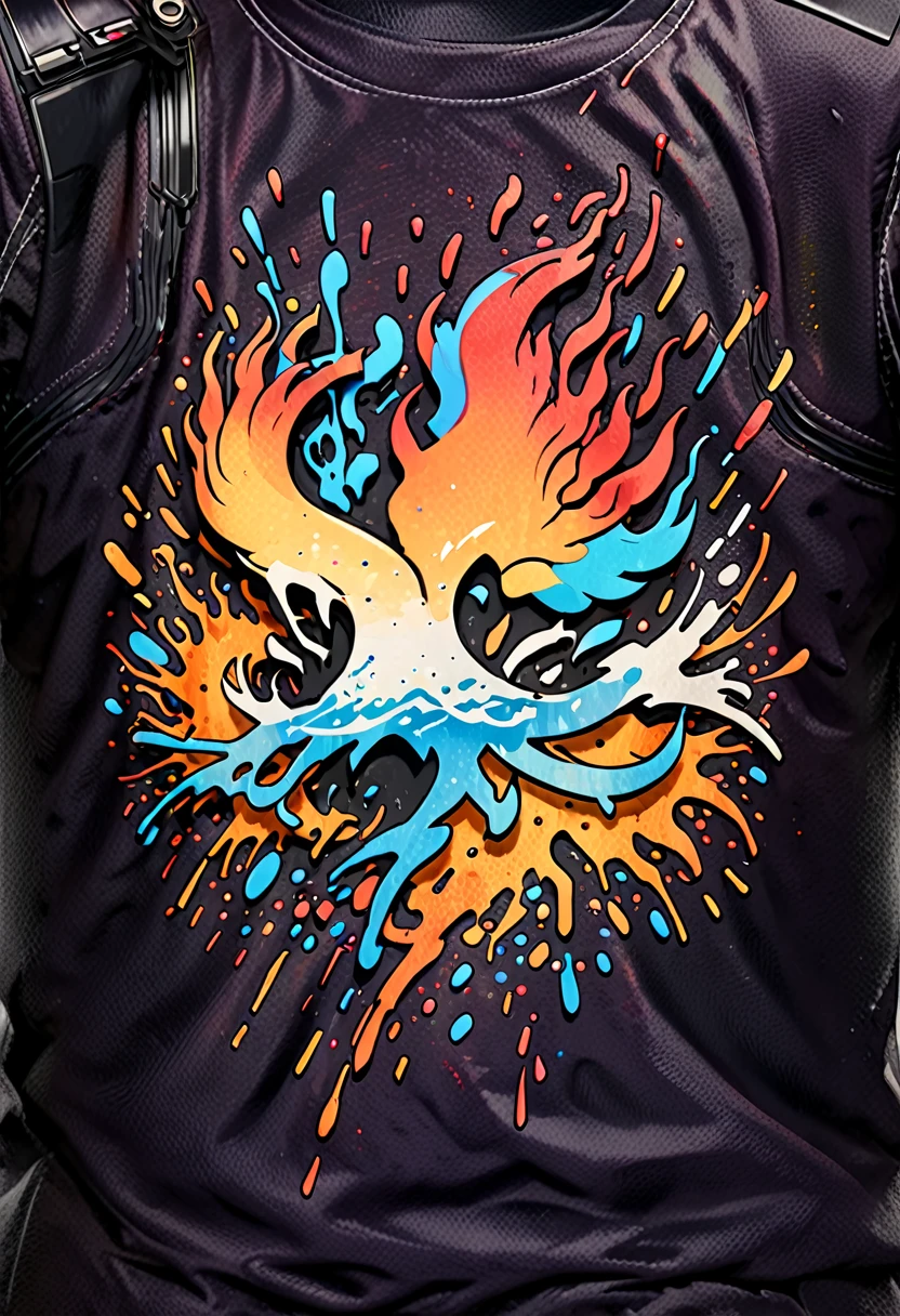 T-shirt designs, with vector art, Colorful illustration with Phoenix, At the center, swirly vibrant colors，graffiti art，ink spatter，UHD quality, details in 16k, Wild and unbridled，paint splash painting，rich and colorful，visual impact,modern aesthetic,Elegant and simple, t-shirt designs, hawaii island background