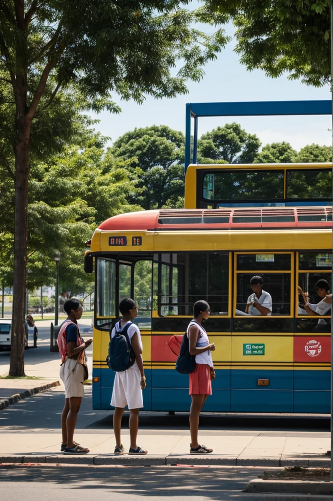 People standing and waiting at bus stops in hot weather