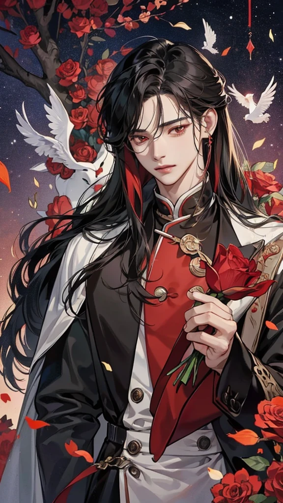 Hua Cheng adulto, he holds a rose in his hand