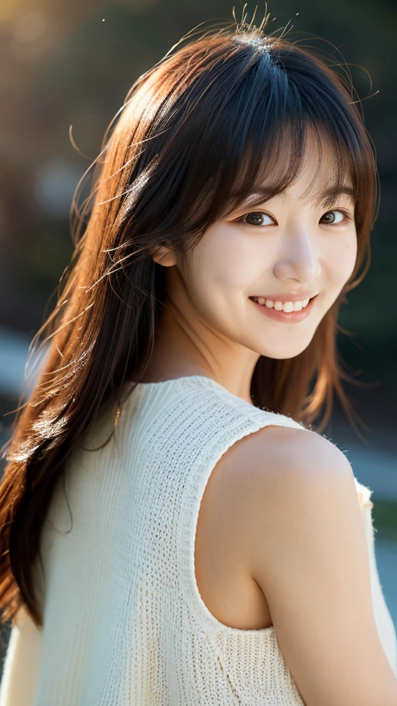 30-year-old woman, Chest Shot, Iris, Black Hair, Warm Background, Grin