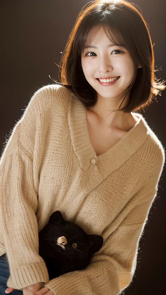30-year-old woman, Chest Shot, Iris, Black Hair, Warm Background, Grin
