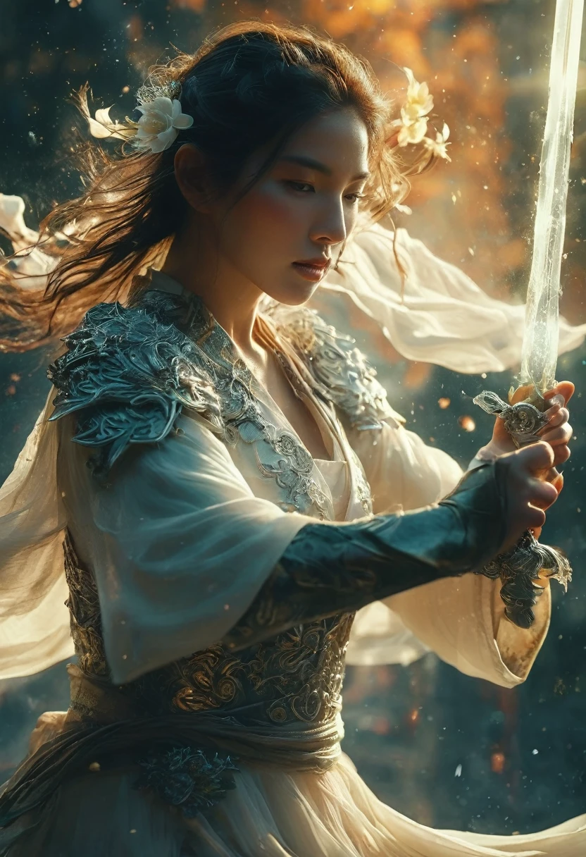 upperbody Photography of female swordman,atomically correct,Raw, cinematic shot, (sharp focus:1.5), (photorealistic:1.4), twilight lighting, volumetric lighting, ultra high res, 16K,dramatic lighting, abstract backgrounds:1.5),Glowing sword,(Fighting posture),Hold the hilt of a sword in your hand,1sword,solo,(zentangle,datura,Tangles,entangled:0.7) , depth of field, Fantastical Atmosphere, The most beautiful form of chaos, ellegance, Dark theme of Fauvist design, Flower of Death, Flowers of ecstasy,Glowing Line,Glow Example,Tracking example,flash, Backlight,translucent,light particles,jade,xianxia