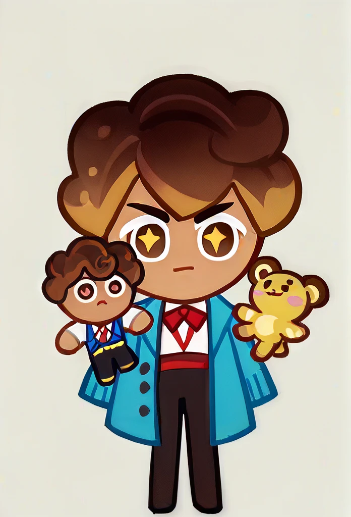 chibi, full body, CookieRun, 1 boy, brown eyes, yellow star pupils, :3, short hair, curly hair, brown hair, blue cardigan, white shirt, red tie, black trousers