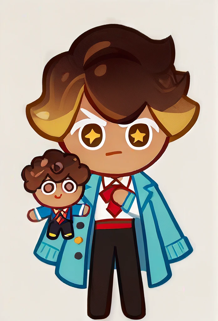 chibi, full body, CookieRun, 1 boy, brown eyes, yellow star pupils, :3, short hair, curly hair, brown hair, blue cardigan, white shirt, red tie, black trousers