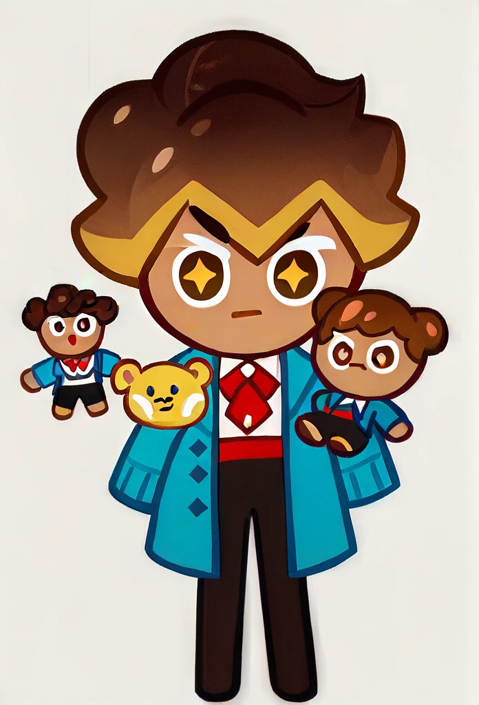 chibi, full body, CookieRun, 1 boy, brown eyes, yellow star pupils, :3, short hair, curly hair, brown hair, blue cardigan, white shirt, red tie, black trousers