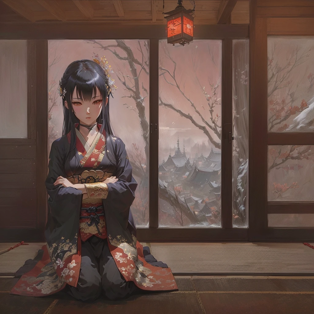 Anime character sitting on the floor in front of a window, pixiv Contest Winner, Gweiz-style artwork, feudal japan art, guweiz on pixiv artstation, Digital art on pixiv, Zerochan Art, Anime style digital art, Painted in an anime artist's studio, Created by Anime Painter Studio, Guweiz on ArtStation Pixiv