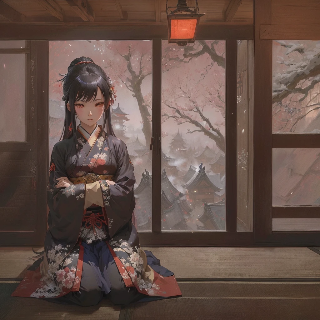 Anime character sitting on the floor in front of a window, pixiv Contest Winner, Gweiz-style artwork, feudal japan art, guweiz on pixiv artstation, Digital art on pixiv, Zerochan Art, Anime style digital art, Painted in an anime artist's studio, Created by Anime Painter Studio, Guweiz on ArtStation Pixiv