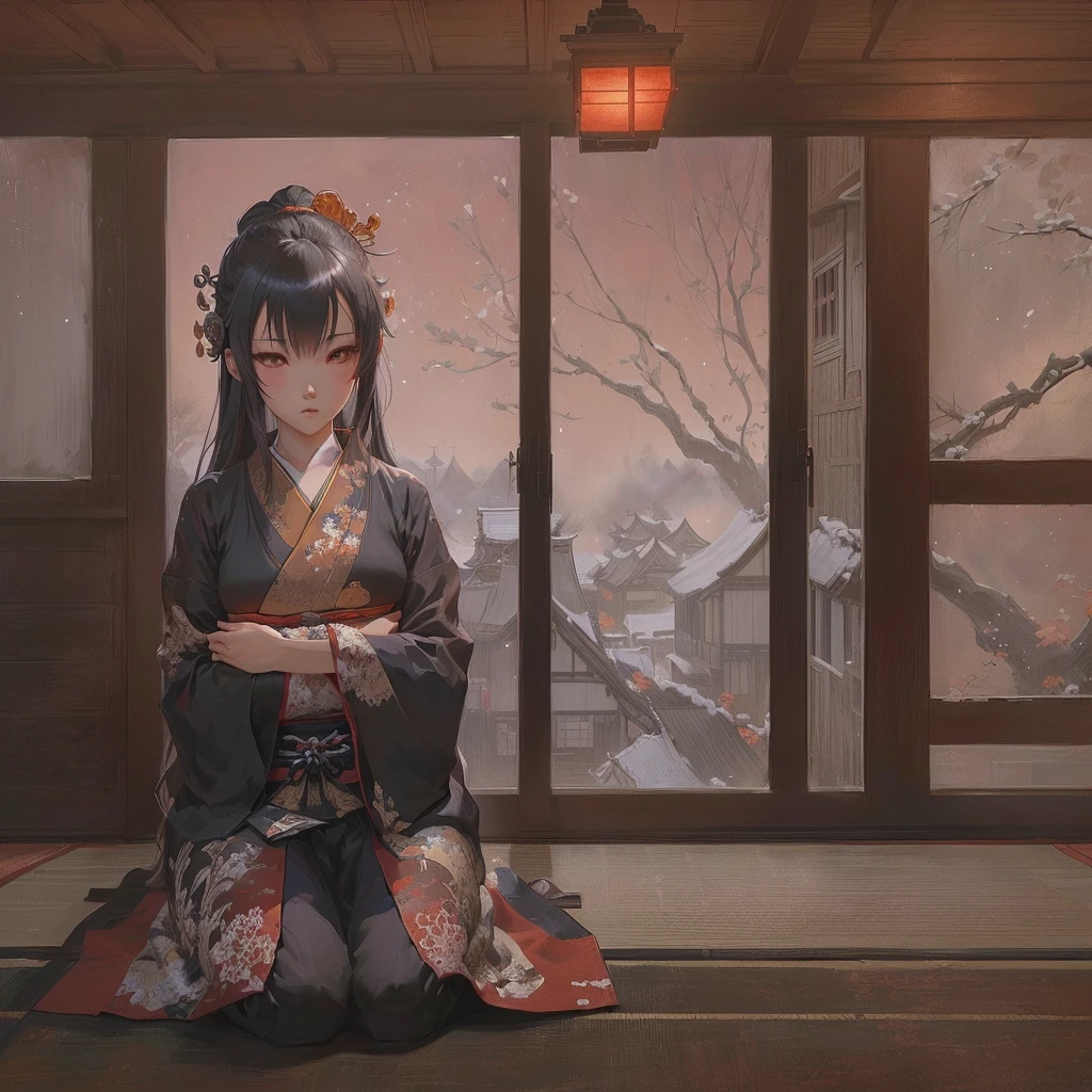 Anime character sitting on the floor in front of a window, pixiv Contest Winner, Gweiz-style artwork, feudal japan art, guweiz on pixiv artstation, Digital art on pixiv, Zerochan Art, Anime style digital art, Painted in an anime artist's studio, Created by Anime Painter Studio, Guweiz on ArtStation Pixiv