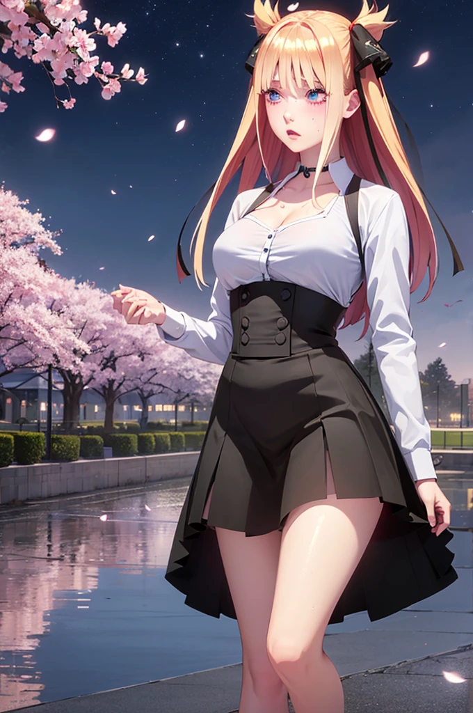 One girl,masterpiece,Highest quality,Blonde,stockings,Checked skirt),Short skirt JK,,Are standing,In total length,Medium chest,Very detailed,[[Realistic]],Beautiful and attractive anime teen,Enchanting anime girl,Swinging skirt,blue eyes, hair ornaments, Hair Ribbon,Show your forehead、Twin tails、Random color school girl uniform、Lace choker, short hair,,No bra,,Very detailed肌, Very detailed顔, (Beautiful Fine Eyes, the girl, Red cheeks) ,The girl has a toned figure., Intricate details,Closely、Embarrassed expression、blush、Shining Sweat、Perfect Skin,Sweat is noticeable in the cleavage、、Sweating on thighs is noticeable、 Fair skin,Tight waist, Sweating profusely、Sweaty hair、Sweaty clothes、Sweaty、Visible sweat、Sweat-soaked hair、Athlete System、Cherry blossoms fluttering down、Silver Hair、Night cityscape。Reflection of light、moonlight