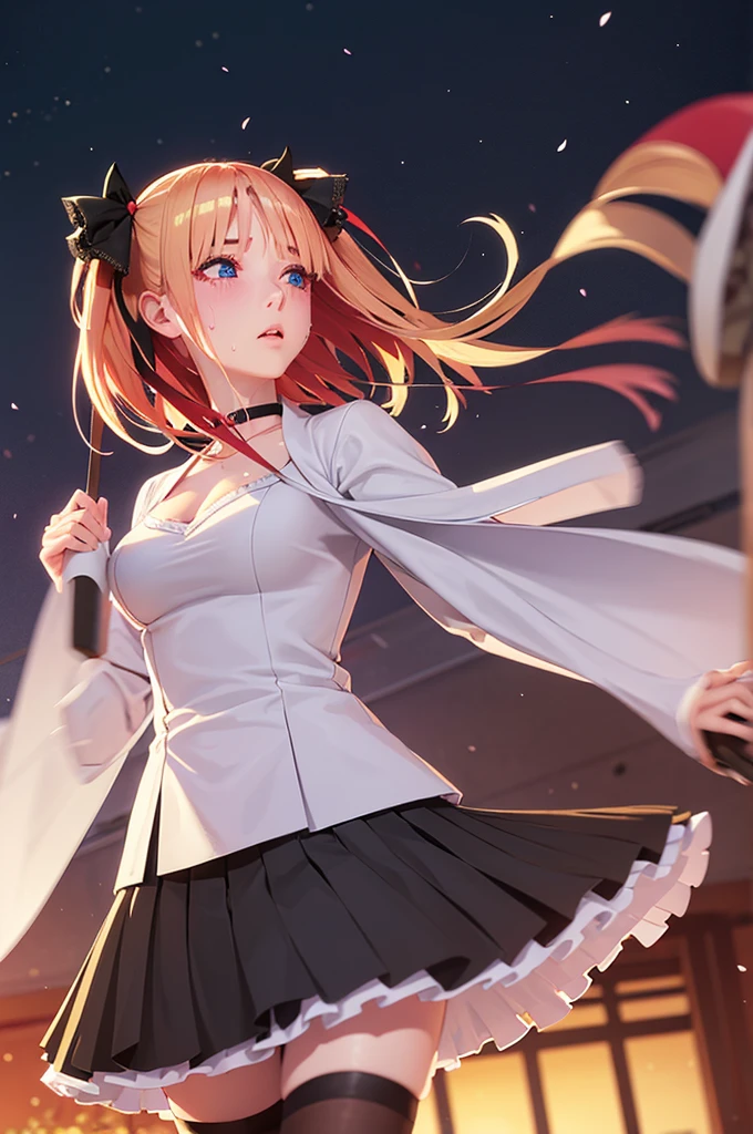One girl,masterpiece,Highest quality,Blonde,stockings,Checked skirt),Short skirt JK,,Are standing,In total length,Medium chest,Very detailed,[[Realistic]],Beautiful and attractive anime ,Enchanting anime girl,Swinging skirt,blue eyes, hair ornaments, Hair Ribbon,Show your forehead、Twin tails、Random color school girl uniform、Lace choker, short hair,,No bra,,Very detailed肌, Very detailed顔, (Beautiful Fine Eyes, the girl, Red cheeks) ,The girl has a toned figure., Intricate details,Closely、Embarrassed expression、blush、Shining Sweat、Perfect Skin,Sweat is noticeable in the cleavage、、Sweating on thighs is noticeable、 Fair skin,Tight waist, Sweating profusely、Sweaty hair、Sweaty clothes、Sweaty、Visible sweat、Sweat-soaked hair、Athlete System、Cherry blossoms fluttering down、Silver Hair、Night cityscape。Reflection of light、moonlight