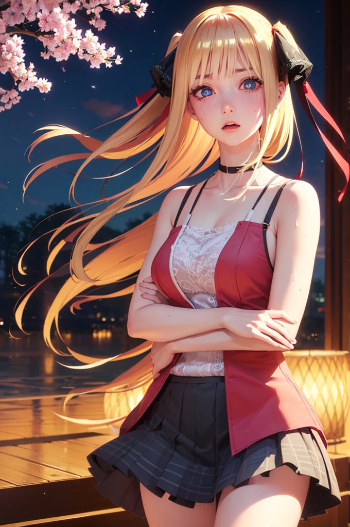 One girl,masterpiece,Highest quality,Blonde,stockings,Checked skirt),Short skirt JK,,Are standing,In total length,Medium chest,Very detailed,[[Realistic]],Beautiful and attractive anime teen,Enchanting anime girl,Swinging skirt,blue eyes, hair ornaments, Hair Ribbon,Show your forehead、Twin tails、Random color school girl uniform、Lace choker, short hair,,No bra,,Very detailed肌, Very detailed顔, (Beautiful Fine Eyes, the girl, Red cheeks) ,The girl has a toned figure., Intricate details,Closely、Embarrassed expression、blush、Shining Sweat、Perfect Skin,Sweat is noticeable in the cleavage、、Sweating on thighs is noticeable、 Fair skin,Tight waist, Sweating profusely、Sweaty hair、Sweaty clothes、Sweaty、Visible sweat、Sweat-soaked hair、Athlete System、Cherry blossoms fluttering down、Silver Hair、Night cityscape。Reflection of light、moonlight