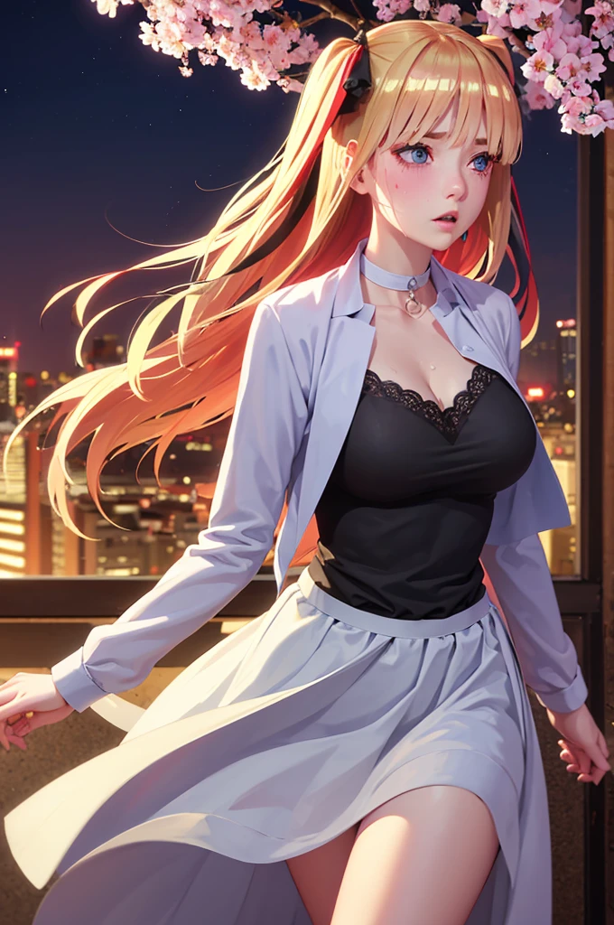 One girl,masterpiece,Highest quality,Blonde,stockings,Checked skirt),Short skirt JK,,Are standing,In total length,Medium chest,Very detailed,[[Realistic]],Beautiful and attractive anime teen,Enchanting anime girl,Swinging skirt,blue eyes, hair ornaments, Hair Ribbon,Show your forehead、Twin tails、Random color school girl uniform、Lace choker, short hair,,No bra,,Very detailed肌, Very detailed顔, (Beautiful Fine Eyes, the girl, Red cheeks) ,The girl has a toned figure., Intricate details,Closely、Embarrassed expression、blush、Shining Sweat、Perfect Skin,Sweat is noticeable in the cleavage、、Sweating on thighs is noticeable、 Fair skin,Tight waist, Sweating profusely、Sweaty hair、Sweaty clothes、Sweaty、Visible sweat、Sweat-soaked hair、Athlete System、Cherry blossoms fluttering down、Silver Hair、Night cityscape。Reflection of light、moonlight
