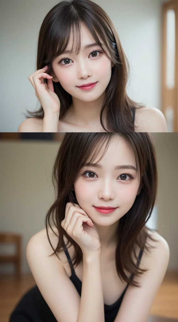 Tabletop, Highest quality, shape, Very detailed, finely, High resolution, 8k wallpaper, 完璧なダイナミックな構shape, Beautiful and exquisite,ランダムなcute髪,,Natural color lip, 20-year-old girl、cute、Looking into the camera,Always blur the background,Perfect and beautiful face,Slim face and figure,Big eyes、Putting on gal makeup,Small face,smile,Blurred Background,Elegant feminine face、Change pose randomly、Randomly change the shooting angle and position、smile、Top to bottom々Shoot from the right angle and direction、Real Photo、Raw photo、Real human skin,finely描かれた肌:1,4、Normal ???????