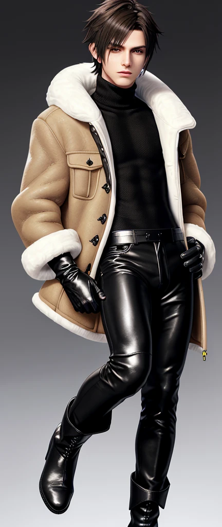 Final fantasy taste and reality graphics, Japanese young cute and cool ikemen  boy, his age is early 20s, thin eyebrows and beady eyes,  he wearing light brown color  very thick shearling jacket, jacket is no leather material and waist length, fur color is white,
also wearing black very thick turtleneck lackluster shirts,  tight black leather pants, shiny black leather tight and must put on a thin leather glove both hands, black leather knee-high raceup boots,must views  head-to-toe,must views whole body, boy looks like fashion model,Do not show skin from the neck down,leather jacket leather glove and leather pants have few wrinkles,boy in the room,,Avoid showing your innerwear,