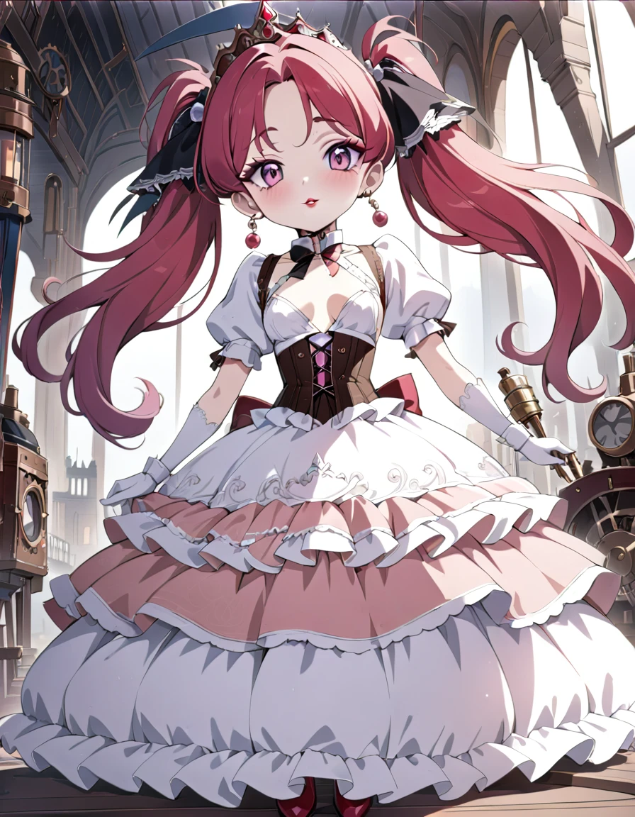 (best quality,4k,8k,highres,masterpiece:1.2),ultra-detailed, Pretty princess, drawn in anime style, is cute and joyful, long red pigtails hair, pink eyes, small breast, lipstick, makeup, pink eyeshadow, steampunk, red and white ball gown with puffy sleeves, physically-based rendering,gorgeous dress design,flowing gown,elaborate lace details,rich textures,contrast stitching,delicate ribbon bows,floral accents,long maxi skirt,short sleeves,fitted waistline,lace-up back,luxurious fabrics,flawless silhouette, petticoat, bustle, corset, hair ribbons, white elbow gloves, ruby earrings and necklace, gold tiara, high heels, holding a fire magic wand, standing in castle bedroom,