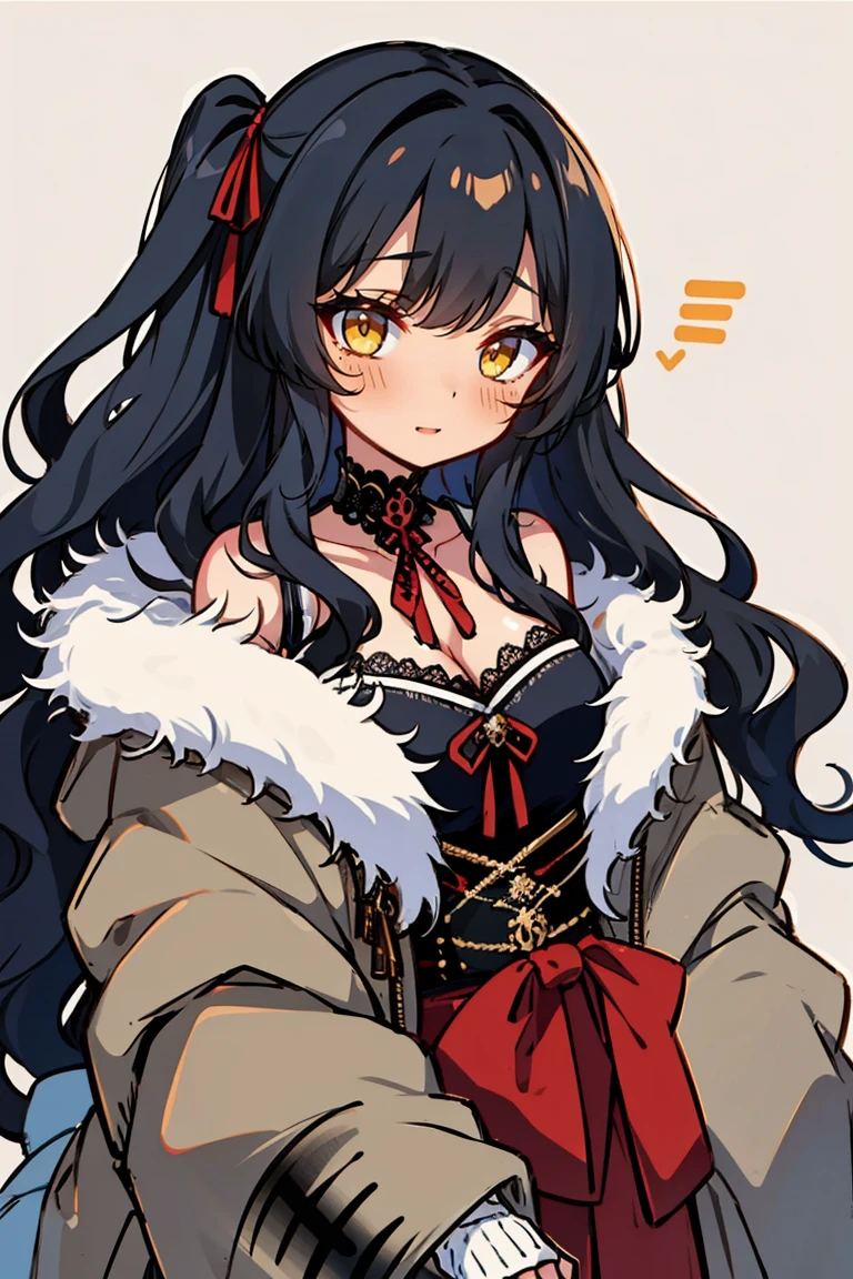 (masterpiece:1.2), (high quality:1.2), (hui xiyi:0.7), rekkyo sensen, rekkyou sensen, girls with((1girl, solo, black hair, yellow eyes, (wavy long hair, one side up:1.54), blush, breasts, choker, cleavage, coat, cowboy shot, dress, lace dress, black waist tie, red bow, red ribbon, neck ribbon, blouse shirt, frills blouse, fur, khaki jacket, hood down, hooded coat, hooded jacket, hoodie, jacket, large breasts, long hair, long sleeves, medium breasts, open clothes, open coat,open hoodie, sleeveless, winter clothes, zipper, cleavage, upper body)), background with((bedding, futon, jail, prison:1.45))