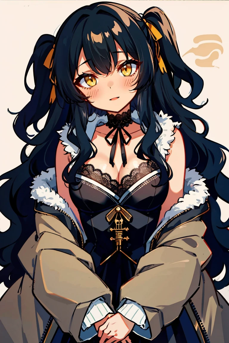 (masterpiece:1.2), (high quality:1.2), (hui xiyi:0.7), rekkyo sensen, rekkyou sensen, girls with((1girl, solo, black hair, yellow eyes, (wavy long hair, one side up:1.54), blush, breasts, choker, cleavage, coat, cowboy shot, dress, lace dress, black waist tie, red bow, red ribbon, neck ribbon, blouse shirt, frills blouse, fur, khaki jacket, hood down, hooded coat, hooded jacket, hoodie, jacket, large breasts, long hair, long sleeves, medium breasts, open clothes, open coat,open hoodie, sleeveless, winter clothes, zipper, cleavage, upper body)), background with((bedding, futon, jail, prison:1.45))